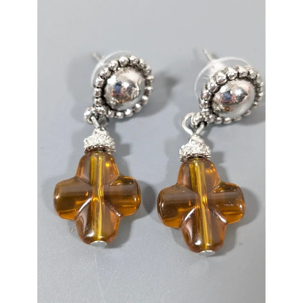 Amber Tone Acrylic Cross Dangle‎ Earrings Lightweight Pierced